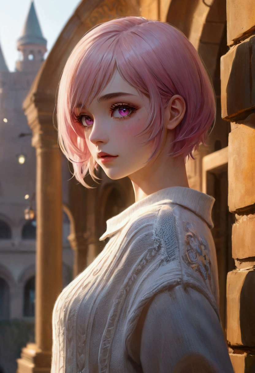 1 Girl, 1920s, Pink Hair, Detailed eyes and face, #100: Auburn Low Fade Hair, Amber eyes, portrait, Looking at the audience, Solitary, sweater, Short skirt, Half Shot, (Light fantasy theme:1.1), Focus, 阳Light, float, 神圣Lightring, Marble Castle, ring, badge, Depth of Field, Fashion, work, balance, , rhythm, color, Light, shadow, reflection, refraction, Tone, Compared, prospect, background, naturalistic, simile, masterpiece, best quality.