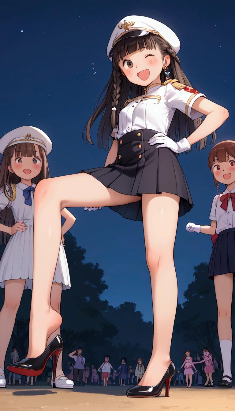 {Highest quality}, {Super beautiful},{Ultra fine},{Best illustration},Brown Hair,Hime cut,long hair,Braid,One woman,Standing Woman,Strike a pose,Adult women,smile,Excited face,Wink,Uniform cap,White Shirt,Short sleeve,long black skirt,White gloves,Night Festival,Blushing,Slender,Black stiletto heels,barefoot,From an angle,From below,Put one hand on your hip,Spread your legs,Raise one leg