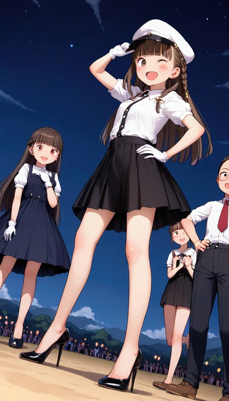 {Highest quality}, {Super beautiful},{Ultra fine},{Best illustration},Brown Hair,Hime cut,long hair,Braid,One woman,Standing Woman,Strike a pose,Adult women,smile,Excited face,Wink,Uniform cap,White Shirt,Short sleeve,long black skirt,White gloves,Night Festival,Blushing,Slender,Black stiletto heels,barefoot,From an angle,From below,Put one hand on your hip,Spread your legs,Raise one leg