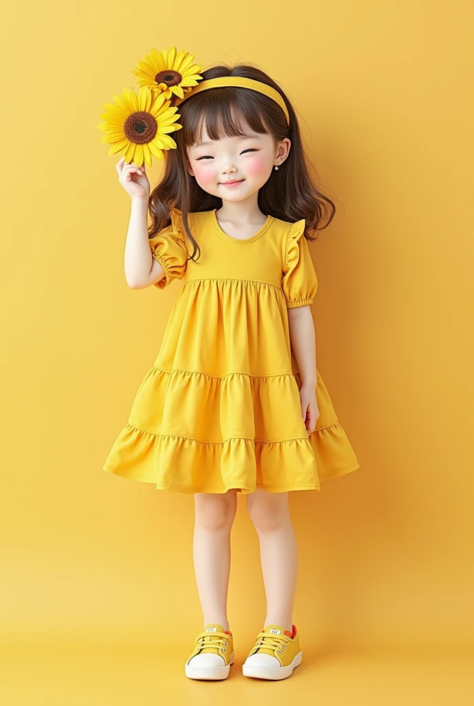 With a girl, Little、sunflower, , Medium pastel yellow white, Luxury Fabric, Dithering, Widespread,Viewer Lucky Brown,In a yellow dress、、There are no protrusions on the head、There are no protrusions on the head、