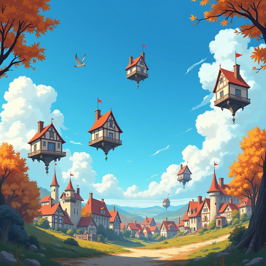 French village of multiple flying houses above the ground, blue sky, autumn, view from ground, anime style