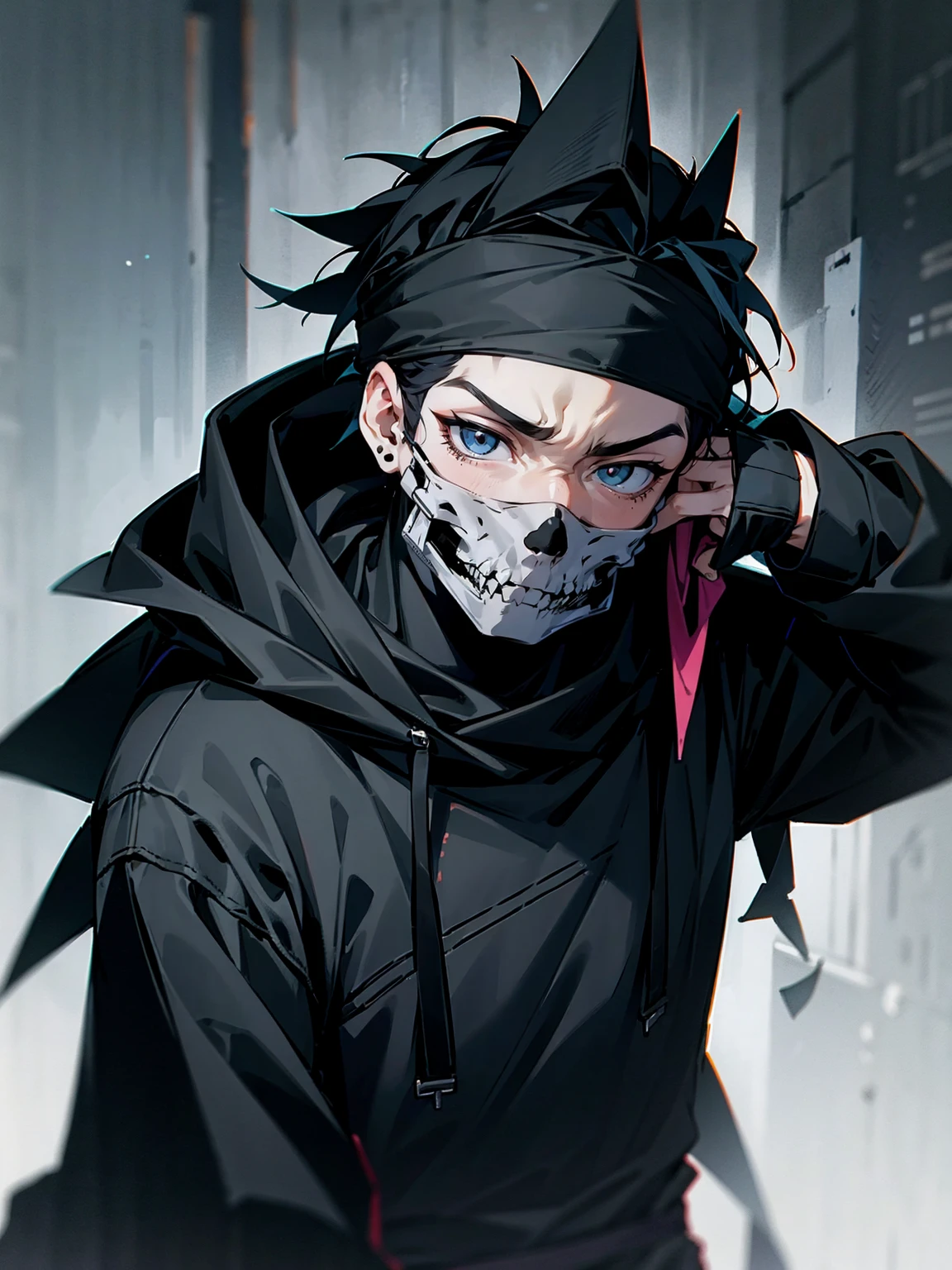 1male, adult, gojo hair, black hair, spiky hair, black hood over head, grey headband,  skull mask, eye piercing, lazy expression, black techwear jacket, black sweatpants, lean build