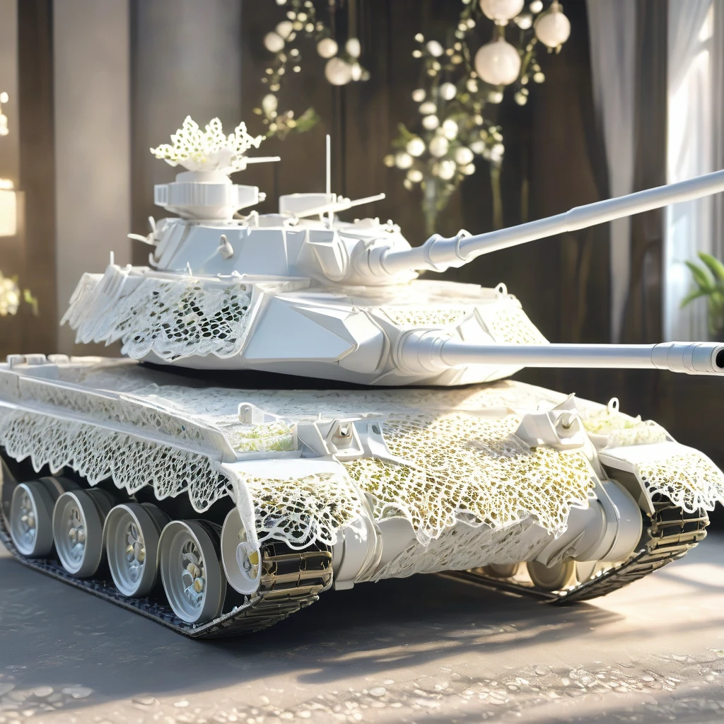 White laceで出来たArmored Tank, Beautiful Lace Armored Tank, Lace Armored Tank for Room Decoration, indoor, White lace, Very delicate lace, best quality:1.2, 4K, 8K, Very detailed, High Detail, masterpiece:1.2