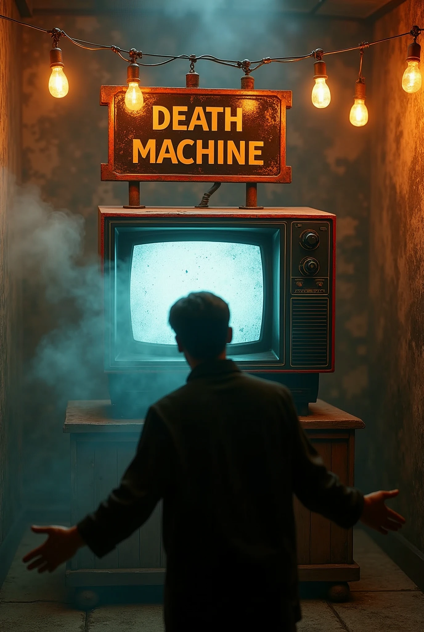 (photo:1.2) of a museum display showcasing a machine to torture men. Long rusty metal spikes were used to pierce the bodies. The machine is a kind of television. A human being with open arms approacing. Top view. (A weathered sign pleads "DEATH MACHINE"). Masterpiece, best quality, 8K, photo realistic, wallpaper, wallpaper 8k, photographic contest winner, Hyperrealistic art cinematic film still photography in the style of detailed hyperrealism photoshoot. [Entire scene is surrounded by lights, evoking a magical and eerie atmosphere. The lighting is bright and atmospheric, with smoke adding a touch of sinister ambiance. Best quality image, HDR enhancement, showcasing the utmost level of detail and realism]. [8K, Best Quality, Ultra High Resolution, (highly detailed CG unity 8k wallpaper), (best photo), (best shadows), isometric 3D, octane rendering, ray tracing, highly detailed, (Best quality, 4K, 8k:1.2), absurdity, ultra detailed, (realistic, photorealistic, photorealistic:1.37), complex parts, HDR, (complex parts:1.12), (hyper detailed, hyper realistic, Soft lighting, spicy:1.2), (complex parts, Hyper detailed:1.15). Blurred foreground. (backlit), masterpiece, high quality, brightness, chromatic aberration, foggy smoke, shadows, contrast, clear sky, (warm hue, warm tone), high details, natural reflections].