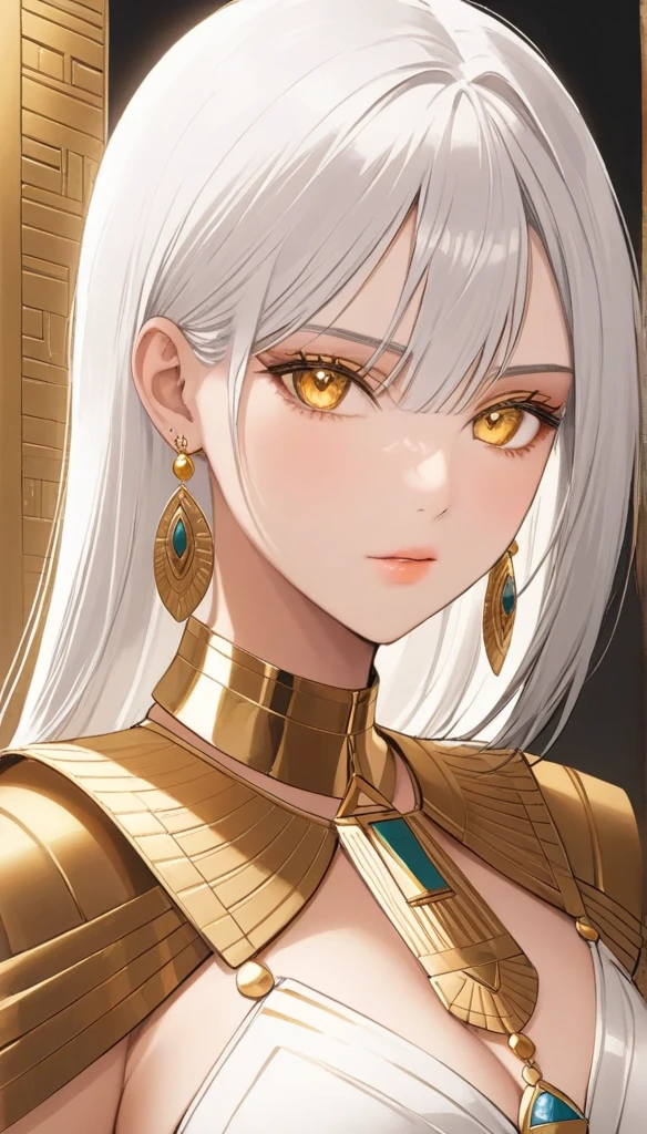 ((best qualityer)), ((work of art)), (detailded), beautiful girl with straight blunt white hair to her shoulders, beautiful and rounded yellow eyes, dressed in white with gold details, golden shoulder pads wearing Egyptian jewelry. focus on the front face,saggy breasts,long Egyptian earrings