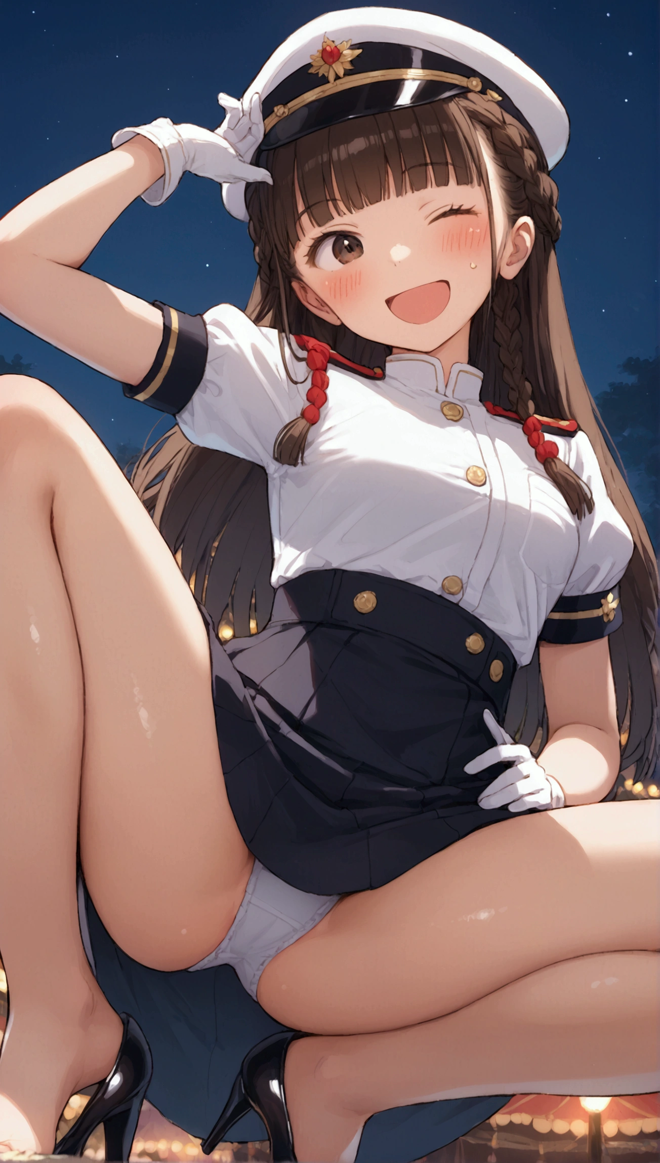 {Highest quality}, {Super beautiful},{Ultra fine},{Best illustration},Brown Hair,Hime cut,long hair,Braid,One woman,Woman sitting,Strike a pose,Adult women,smile,Excited face,Wink,Uniform cap,White Shirt,Short sleeve,long black skirt,White gloves,Night Festival,Blushing,Slender,Black stiletto heels,barefoot,From an angle,From below,Put one hand on your hip,Spread your legs,Spread one leg