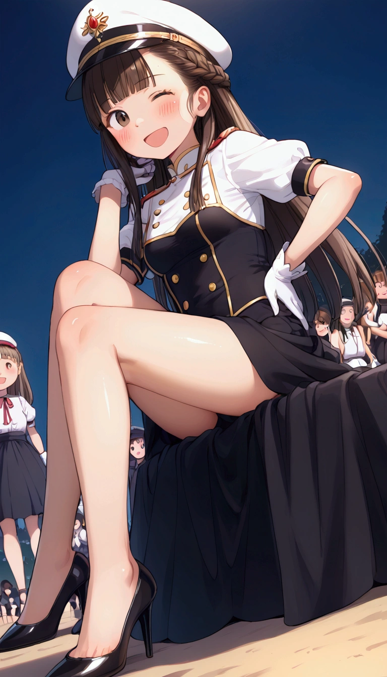 {Highest quality}, {Super beautiful},{Ultra fine},{Best illustration},Brown Hair,Hime cut,long hair,Braid,One woman,Woman sitting,Strike a pose,Adult women,smile,Excited face,Wink,Uniform cap,White Shirt,Short sleeve,long black skirt,White gloves,Night Festival,Blushing,Slender,Black stiletto heels,barefoot,From an angle,From below,Put one hand on your hip,Spread your legs,Spread one leg