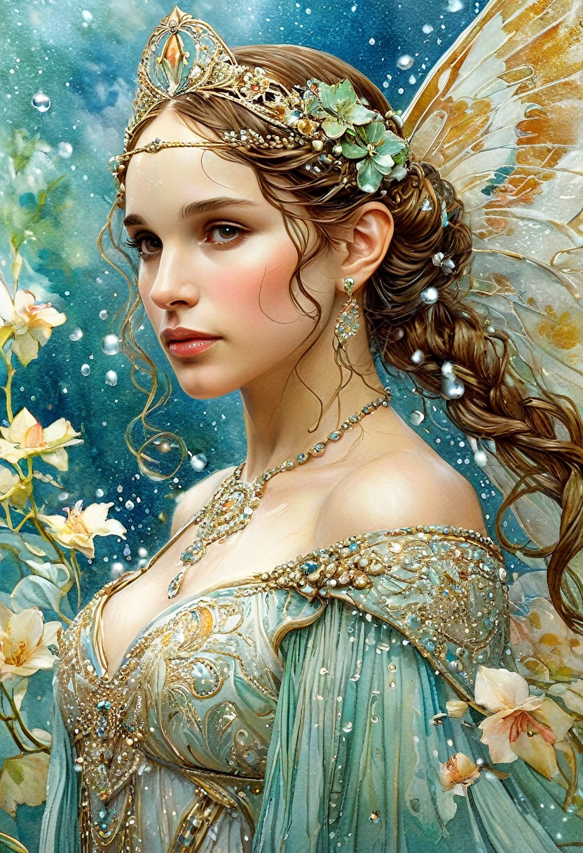 It depicts a beautiful woman with water droplets in her hair., (Natalie Portman:1.2), extremely detailed watercolor, The style of Alfons Maria Mucha and Gustav Kilmut, Art Nouveau accents, Fairy Queen, Anthropomorphic woman, Female figure, Detailed cover artwork, As the Goddess of Water, Alphonse Mucha, Gustav Klimt, Pale skin, Marble sculpture, society, Gothic art, Art Nouveau, Behance Contest Winner