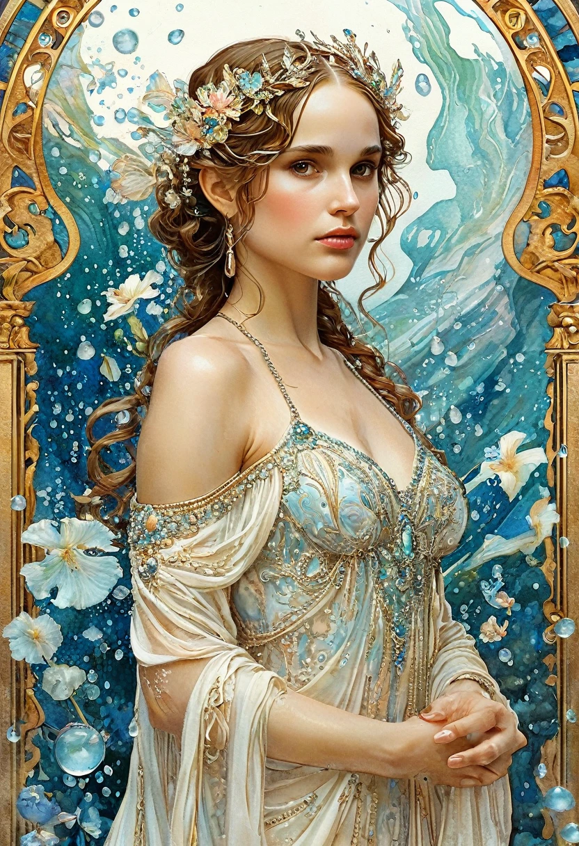 It depicts a beautiful woman with water droplets in her hair., (Natalie Portman:1.2), extremely detailed watercolor, The style of Alfons Maria Mucha and Gustav Kilmut, Art Nouveau accents, Fairy Queen, Anthropomorphic woman, Female figure, Detailed cover artwork, As the Goddess of Water, Alphonse Mucha, Gustav Klimt, Pale skin, Marble sculpture, society, Gothic art, Art Nouveau, Behance Contest Winner