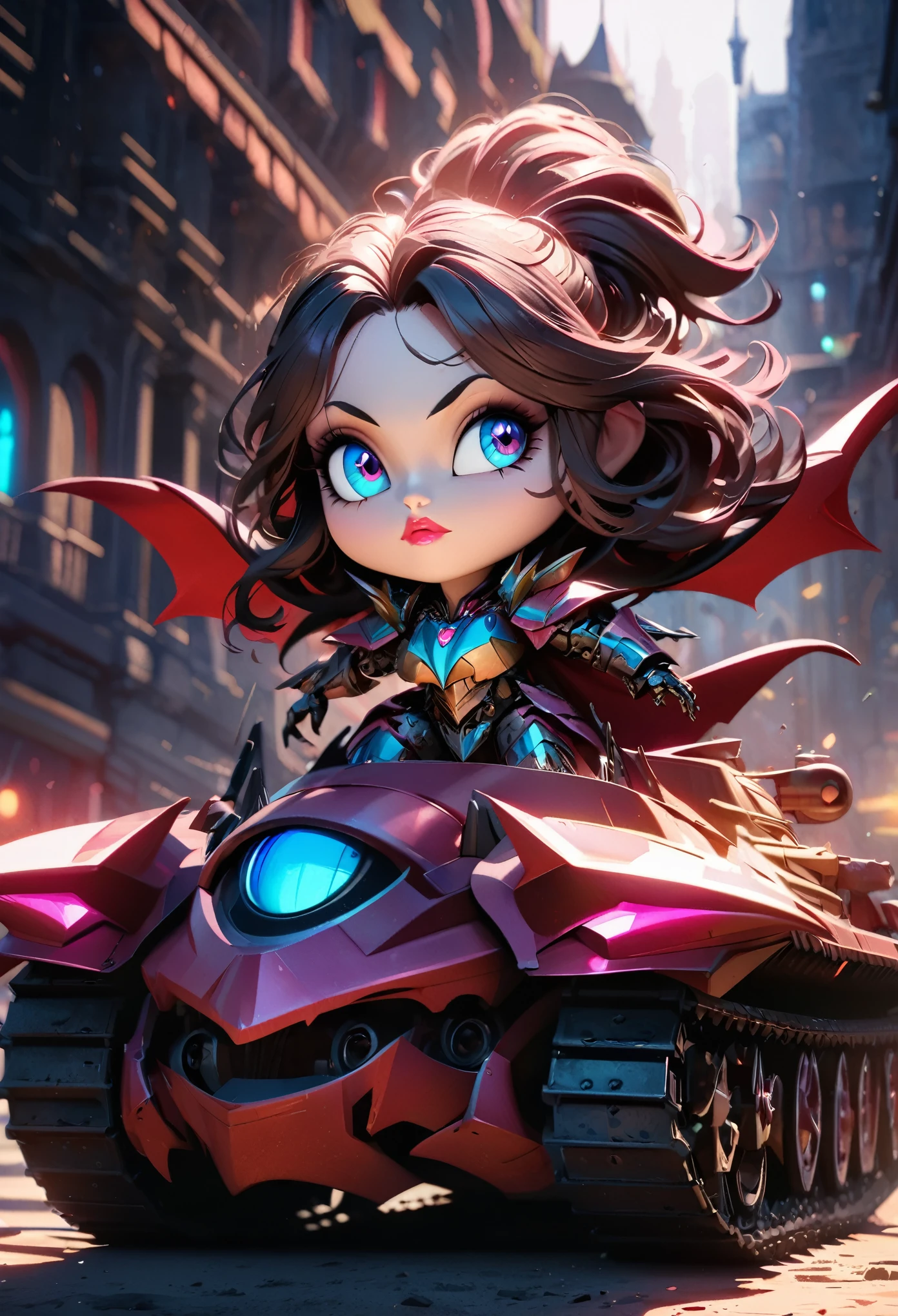 chibi style, pixar style, a vampire girl riding an armored tank, detailed face and features, beautiful detailed eyes, beautiful detailed lips, extremely detailed face and eyes, long eyelashes, intricate and detailed armor, armored treads, detailed mechanical parts, cinematic lighting, vivid colors, vibrant colors, dynamic composition, high quality, 8k, best quality, masterpiece, photorealistic