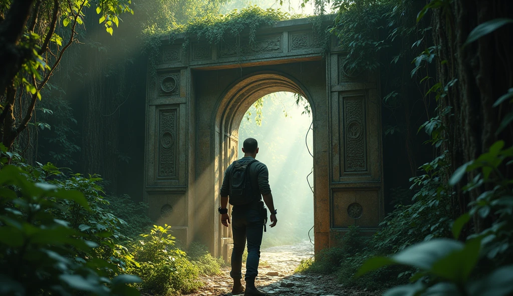 Narration:
He stumbles upon a hidden entrance covered in vines. With a determined look, he pulls the vines aside to reveal a mysterious, ancient doorway.