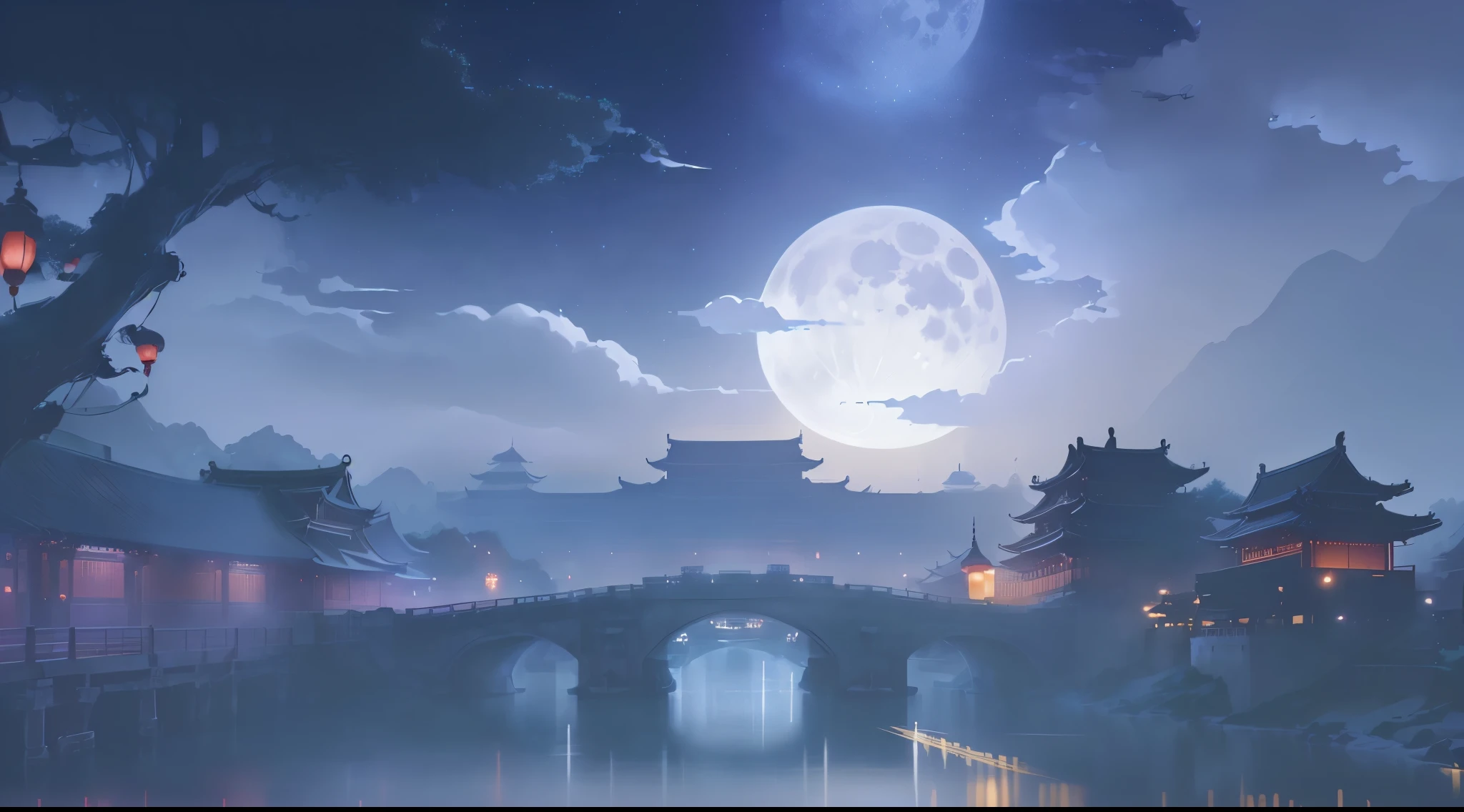 A full moon hangs over the bridge by the river at night, background technologywork, background technology, Night village background, Game Background, mobile Game Background, anime background technology, moonlit starry sky environment, Dreamy Chinatown, Moonlit night dreamy atmosphere, Night view, G Liulian art style, Temple Background, A quiet night. Digital Illustration, Anime Background