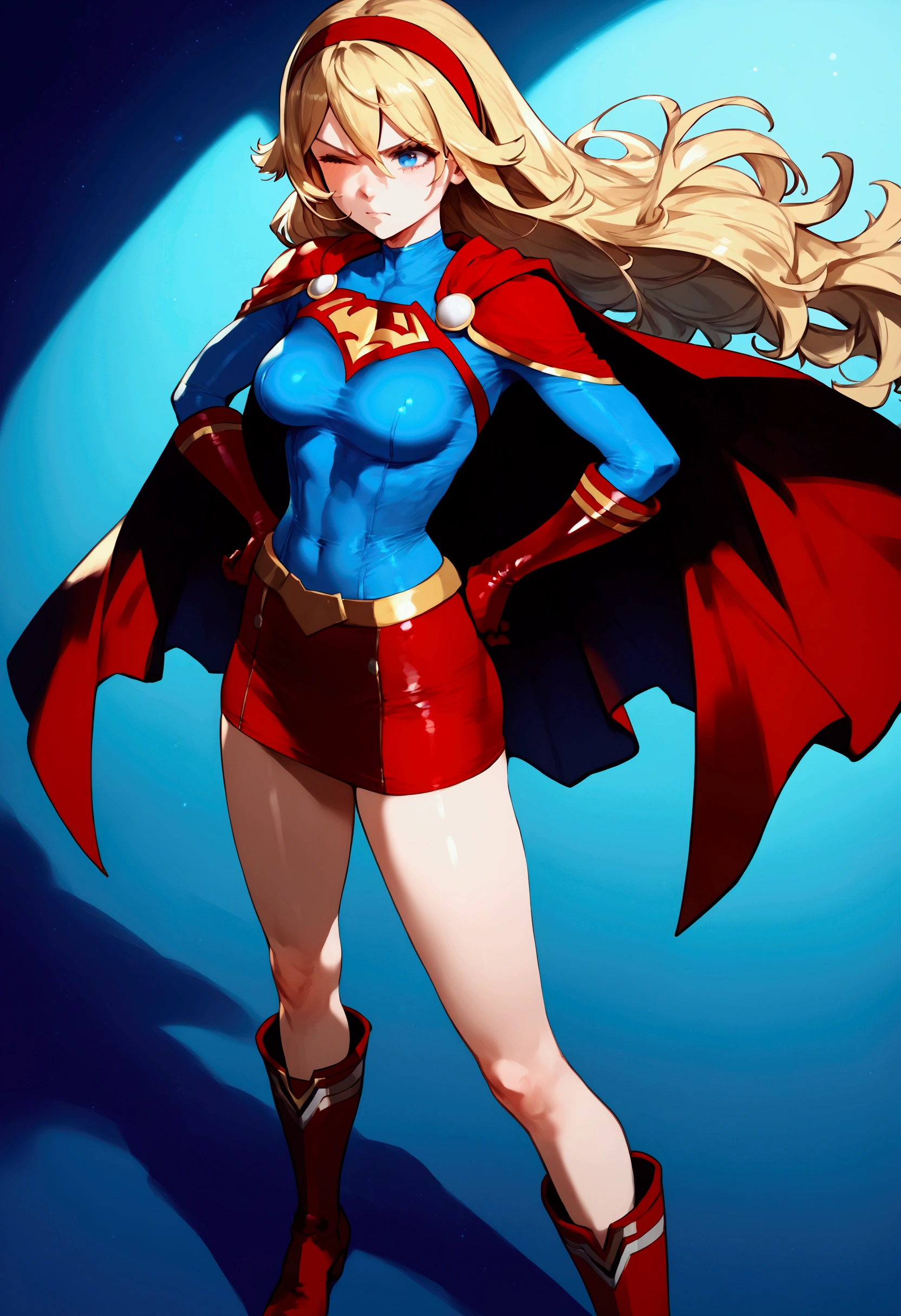 score_9, score_8_up, score_7_up, source_anime, standing, hand on own hip,((((wince)))), ((((1girl,short stature)))), (slender body:1.4), (long hair),blonde hair, blue eyes, ((((midium breasts)))), pale skin,shiny skin, ((She wears solid shirt, blue long sleeve shirt, red skirt, red gloves, red hairband, superhero, cape, red boots)),