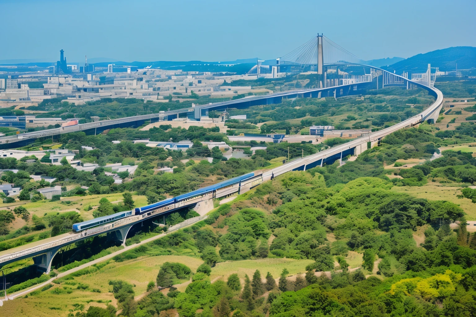 arafed view of a bridge and a highway with a train on it, Tall towers and bridges, high speed trains, Photo showing, On the bridge,City, Vision, bullet train, train, Many bridges, jr sc magnetic levitation, Vision鸟瞰图, Detailed scenery —width 672