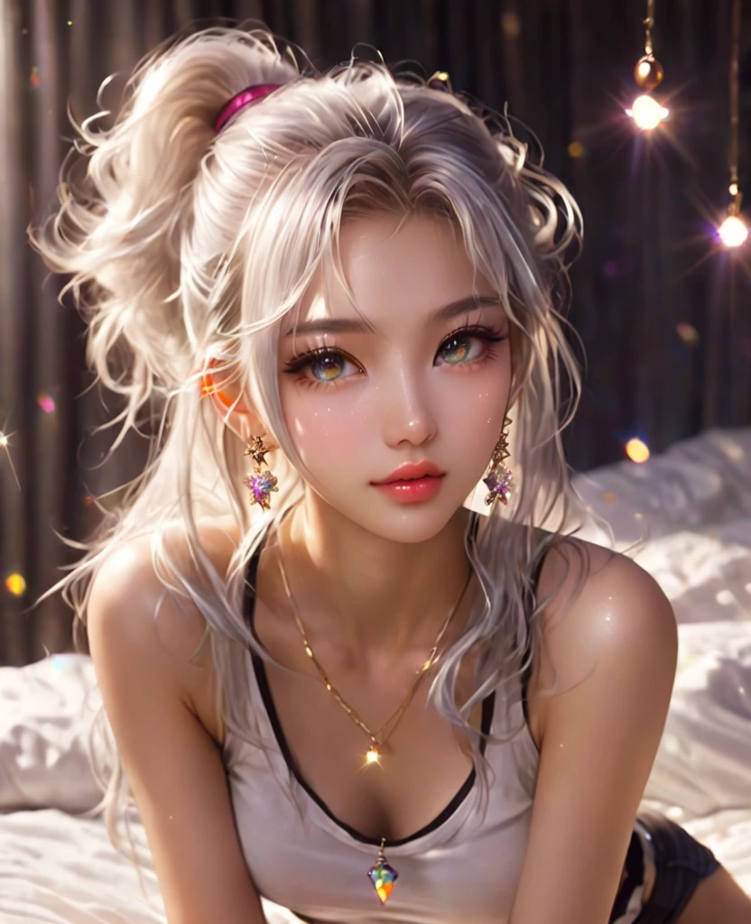 8K,gal,an extremely delicate and beautiful,Beautiful and realistic skin,Shiny jewel-like earrings,asian girl,Bedhead,like glitter white hair,,beautiful eyes,full body,tanktop,shortshorts