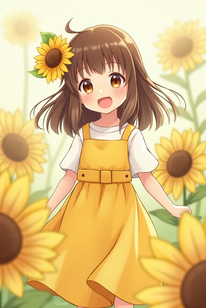 With a girl, Little、sunflower, , Medium pastel yellow white, Luxury Fabric, Dithering, Widespread,Viewer Lucky Brown,In a yellow dress、、There are no protrusions on the head、There are no protrusions on the head、