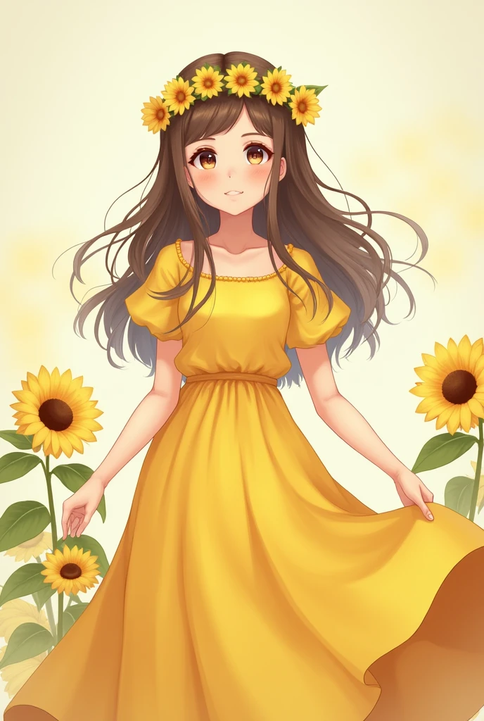 With a girl, Little、sunflower, , Medium pastel yellow white, Luxury Fabric, Dithering, Widespread,Viewer Lucky Brown,In a yellow dress、、There are no protrusions on the head、There are no protrusions on the head、