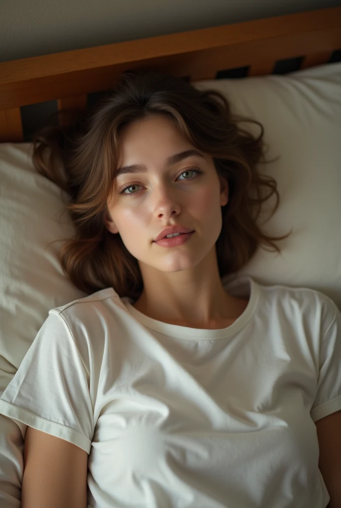 22 year old American girl wearing plain white full sleeve loose tshirt lying on bed cozy room, relaxed pose