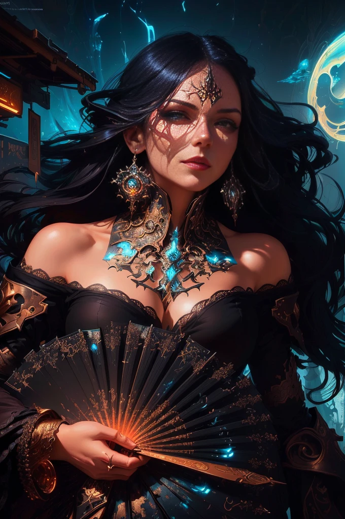 An Asian witch spirit, Malaysian woman, age 35, long hair, extensive tattoos (dragon motif), evil body jewelry, woman wearing a long maxi wrap dress with trumpet sleeves made of silk and lace fabric embroidered with many Asian patterns, glowing eyes, and an unholy aura , she laughs cruelly, She floats above a glowing magic circle in a medieval Asian village, snake-like Asian dragons snake around the edges of the scene. (best quality, 4k, highres, Masterpiece:1.2), ultra-detailed, (Realistic, photoRealistic, photo-Realistic:1.37), HDR, UHD, studio lighting, sharp focus, physically based rendering, extremely detailed description, professional, vivid colors , bokeh, portraits, landscape, horror, photography, conceptual artist, bright colors, soft lighting. Set in a medieval Asian village