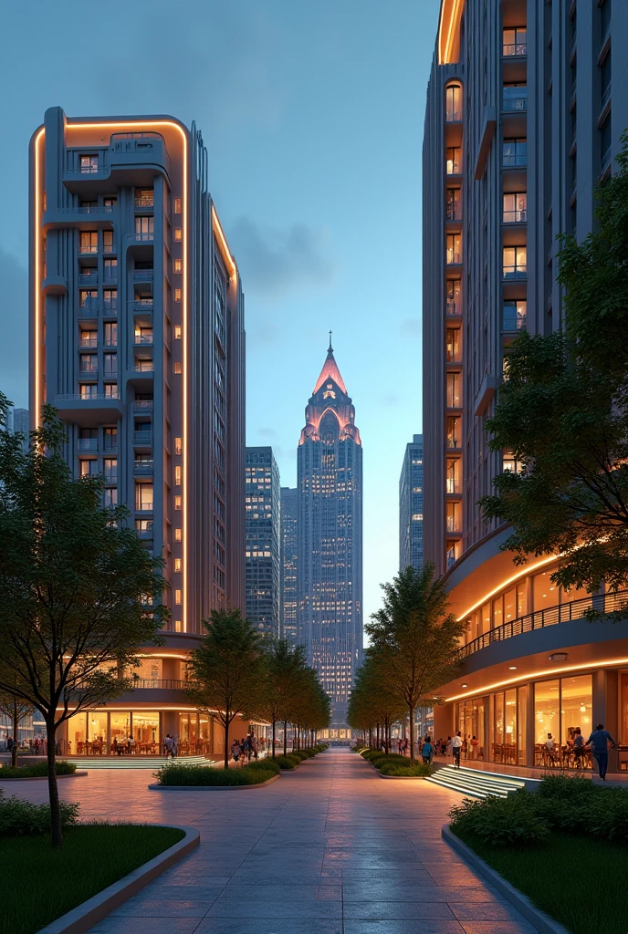 art deco design，urban buildings，streamline moderne，futuristic architecture, Abstraction，modern style，Luxury and Luxury，Future night view，Futuristic decorative elements，Metallic，number line，sci-fi lamp，Virtual Engine，Unreal rendering, neon lights, apartments, restaurants, mixed use, multiple buildings, trees, parks, greenery, grass, green field, pedestrians, people, bike lanes, bicycles 