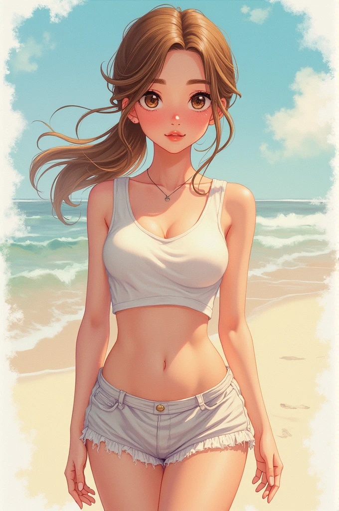 ((masterpiece)), (Highest quality), High resolution, (Very detailed), (8k), Caustics, Cinema Lighting, Perfect , Sharp focus, Beautiful attention to detail, Beautiful and detailed lip, Beautiful and detailed hair, Ultra-detailed skin BREAK Whimsical watercolor illustration style, Soft Pastel Palette, Summer-inspired color palette, Official art for A Beautiful Girl from BREAK, with characters interacting with the environment,Feeling the end of summer, (Hazel Hair, ponytail), ((Big eyes, Hazel Eyes)), (Natural Makeup:1.2), Casual fit, (Small  size), (thin) Break Full Body