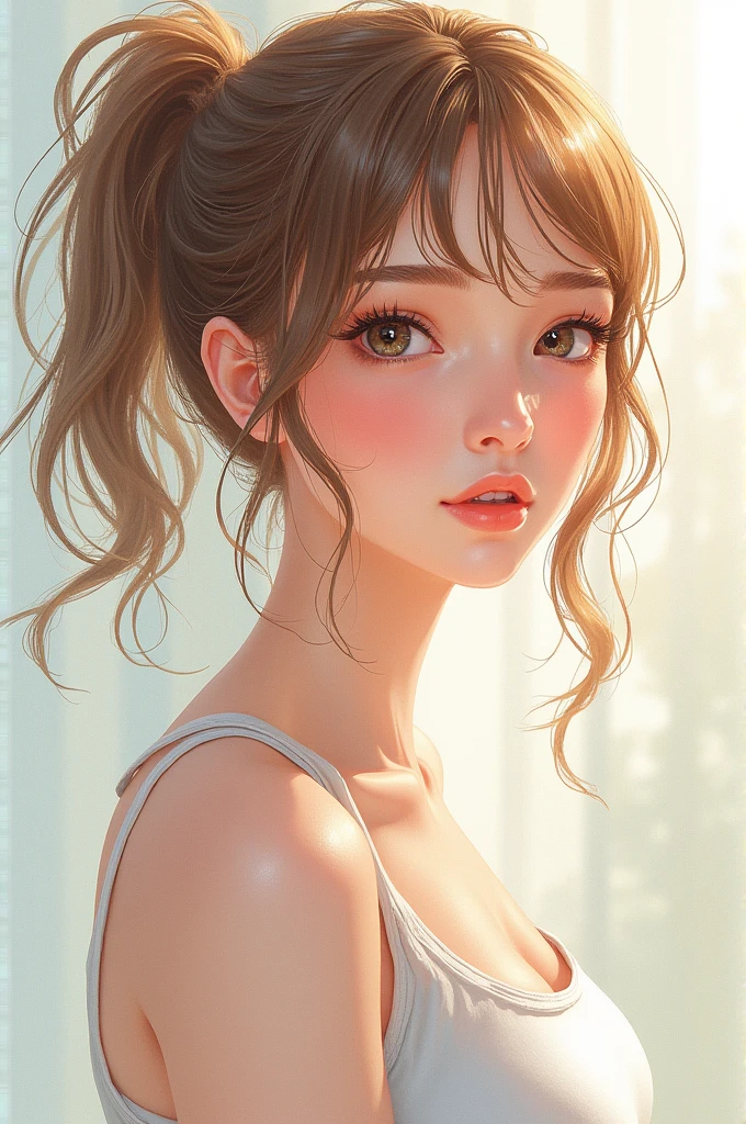 ((masterpiece)), (Highest quality), High resolution, (Very detailed), (8k), Caustics, Cinema Lighting, Perfect Anatomy, Sharp focus, Beautiful attention to detail, Beautiful and detailed lip, Beautiful and detailed hair, Ultra-detailed skin BREAK Whimsical watercolor illustration style, Soft Pastel Palette, Summer-inspired color palette, Official art for A Beautiful Girl from BREAK, with characters interacting with the environment,Feeling the end of summer, (Hazel Hair, ponytail), ((Big eyes, Hazel Eyes)), (Natural Makeup:1.2), Casual fit, (Small breast size), (thin) Break Full Body