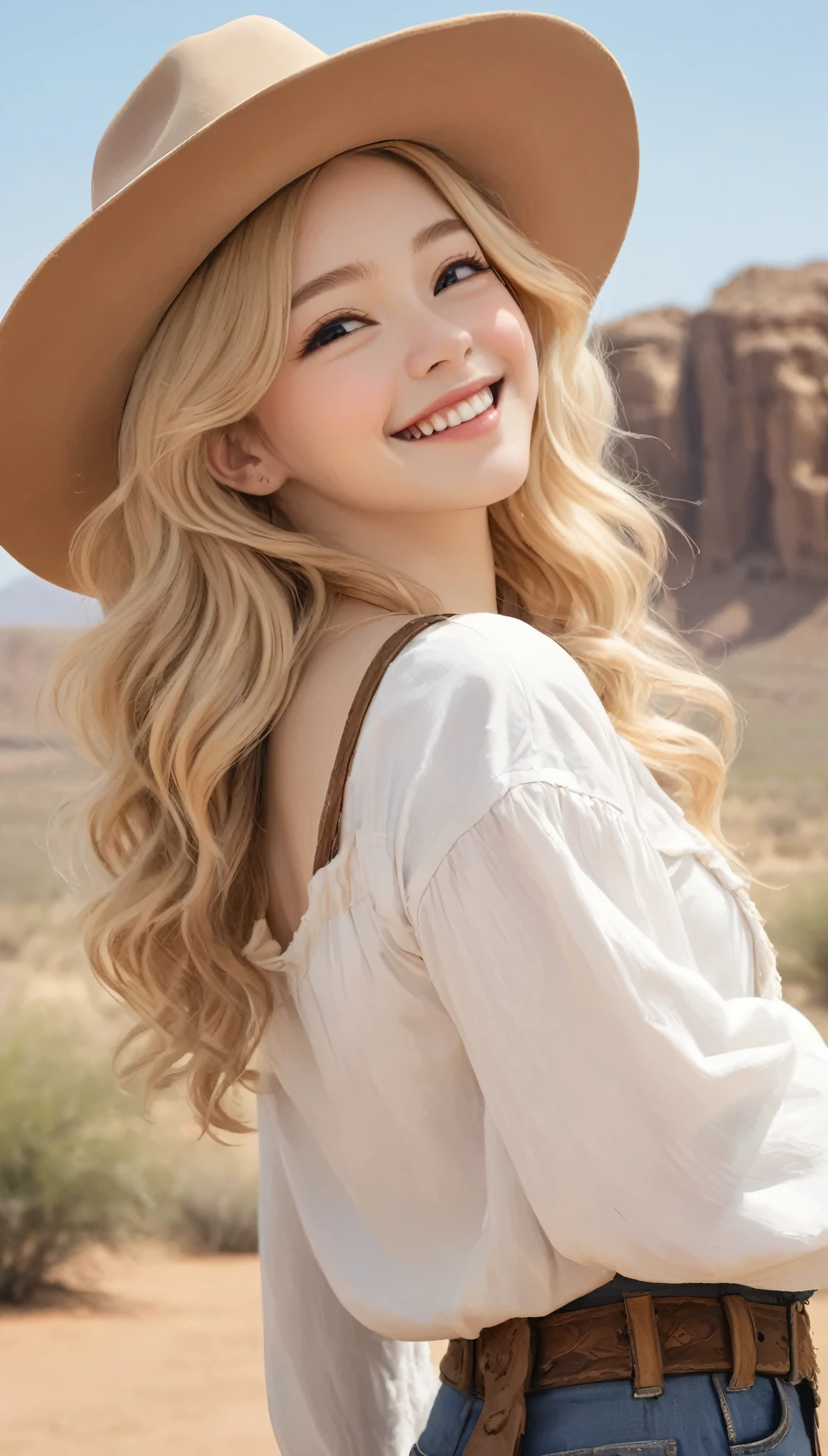 cheyenne、profile、Upper Body、masterpiece、Highest quality、One beautiful woman、Blonde、Wavy Hair、24-years-old、White skin、Cowboy Style、Western Hat、Upper Body、smile、love、Blushing cheeks、scenery、desert。