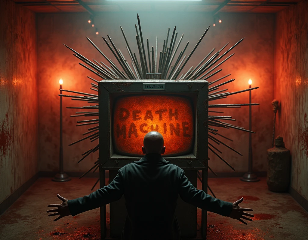 (photo:1.2) of a museum display showcasing a machine to torture men. Long rusty metal spikes were used to pierce the bodies. The machine is a kind of bloody television. A human being with open arms approacing. Top view. (A weathered sign pleads "DEATH MACHINE"). Masterpiece, best quality, 8K, photo realistic, wallpaper, wallpaper 8k, photographic contest winner, Hyperrealistic art cinematic film still photography in the style of detailed hyperrealism photoshoot. [Entire scene is surrounded by lights, evoking a magical and eerie atmosphere. The lighting is bright and atmospheric, with smoke adding a touch of sinister ambiance. Best quality image, HDR enhancement, showcasing the utmost level of detail and realism]. [8K, Best Quality, Ultra High Resolution, (highly detailed CG unity 8k wallpaper), (best photo), (best shadows), isometric 3D, octane rendering, ray tracing, highly detailed, (Best quality, 4K, 8k:1.2), absurdity, ultra detailed, (realistic, photorealistic, photorealistic:1.37), complex parts, HDR, (complex parts:1.12), (hyper detailed, hyper realistic, Soft lighting, spicy:1.2), (complex parts, Hyper detailed:1.15). Blurred foreground. (backlit), masterpiece, high quality, brightness, chromatic aberration, foggy smoke, shadows, contrast, clear sky, (warm hue, warm tone), high details, natural reflections].