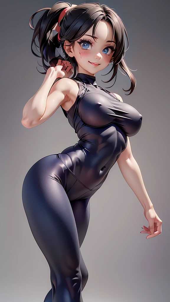 (((hyperrealistic))), (illustration), (((high resolution 32k))), (((32k))), (((extremely detailed))), (best illustration), (cute detailed eyes), (((best quality))), (((hyper detailed))), (artwork), (wallpaper), (((detailed face))), 1 girl, white wavy hair, Korean, heterochromatic eyes, small spots on eyes, loose white shirt, yoga pants, broad shoulders, long legs, tight abdomen, camel crotch, dynamic pose, (((showing the signs of clothing))), (((hyper detailed clothing))), (((highlighted colors))), ,leggings, crop top, black hair, bright blue eyes, medium breasts, smile, fit, athletic,full body