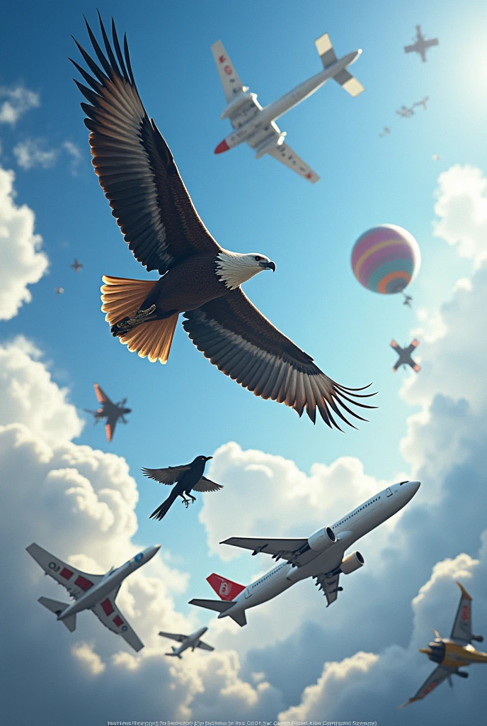 Give me a pictures of and flying eagle, crow, and different types of birds, an aeroplane, jet, air balloon, sattelite, a kite, and rocket in same paper to get printouts of those pictures. These things should be in same sizes