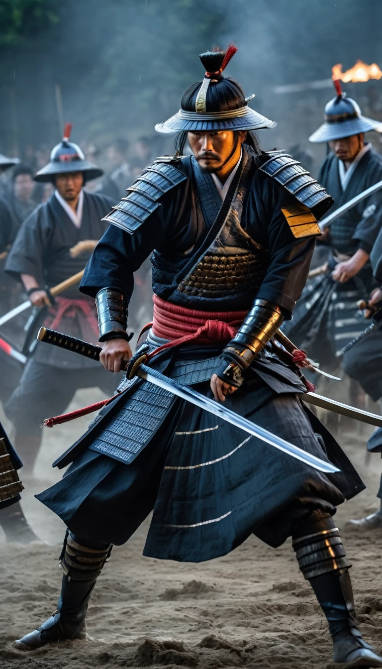 8k, RAW photo, best quality, masterpiece, realistic, photo-realistic, clear, professional lighting, best quality, Samurai battle scene, fierce battle,