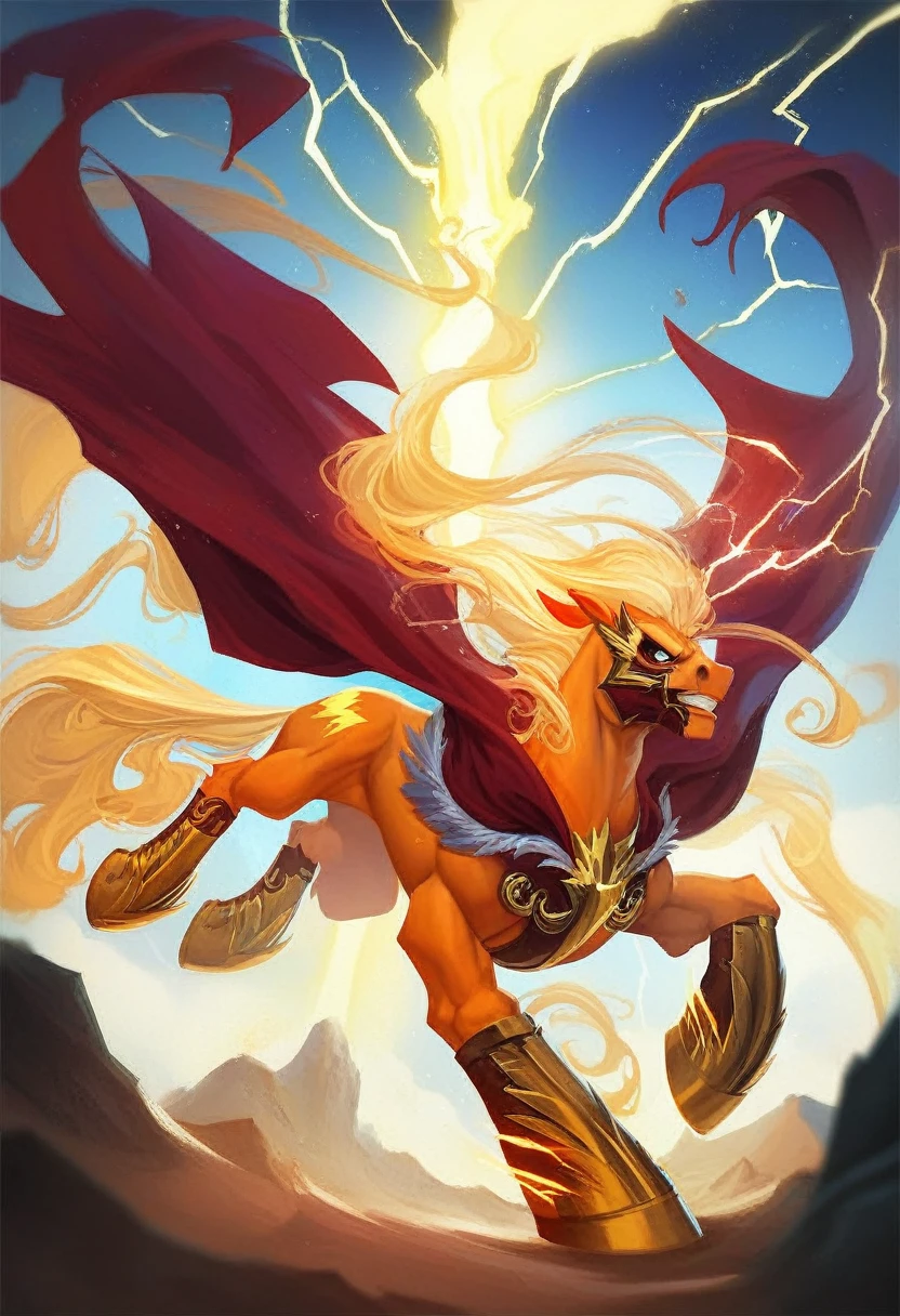 beta ray bill, marvel character, god of thunder, muscular  furry horse/pony/stallion alien,blank eyes,bald, powerful lightning bolts, orange skin, cosmic energy,big golden hammer,divine suit,red cape,golden boots,big niples, bald,normal feet’s, 8k,dynamic pose, heroic,vibrant colors