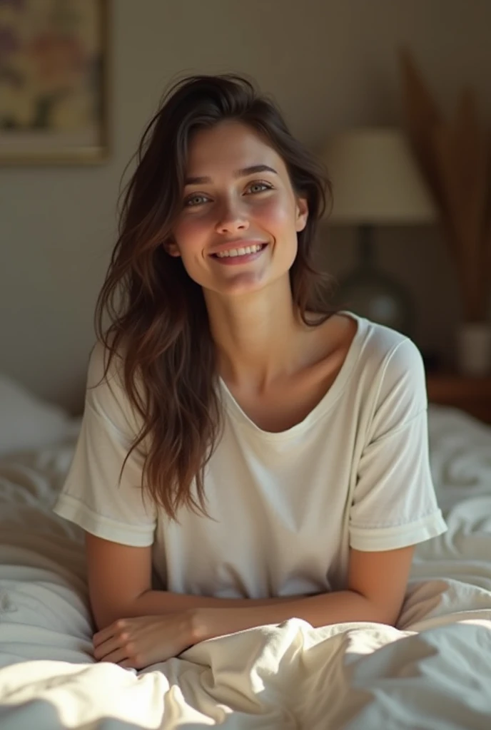 22 year old American girl wearing plain white full sleeve loose tshirt lying on bed cozy room, relaxed pose