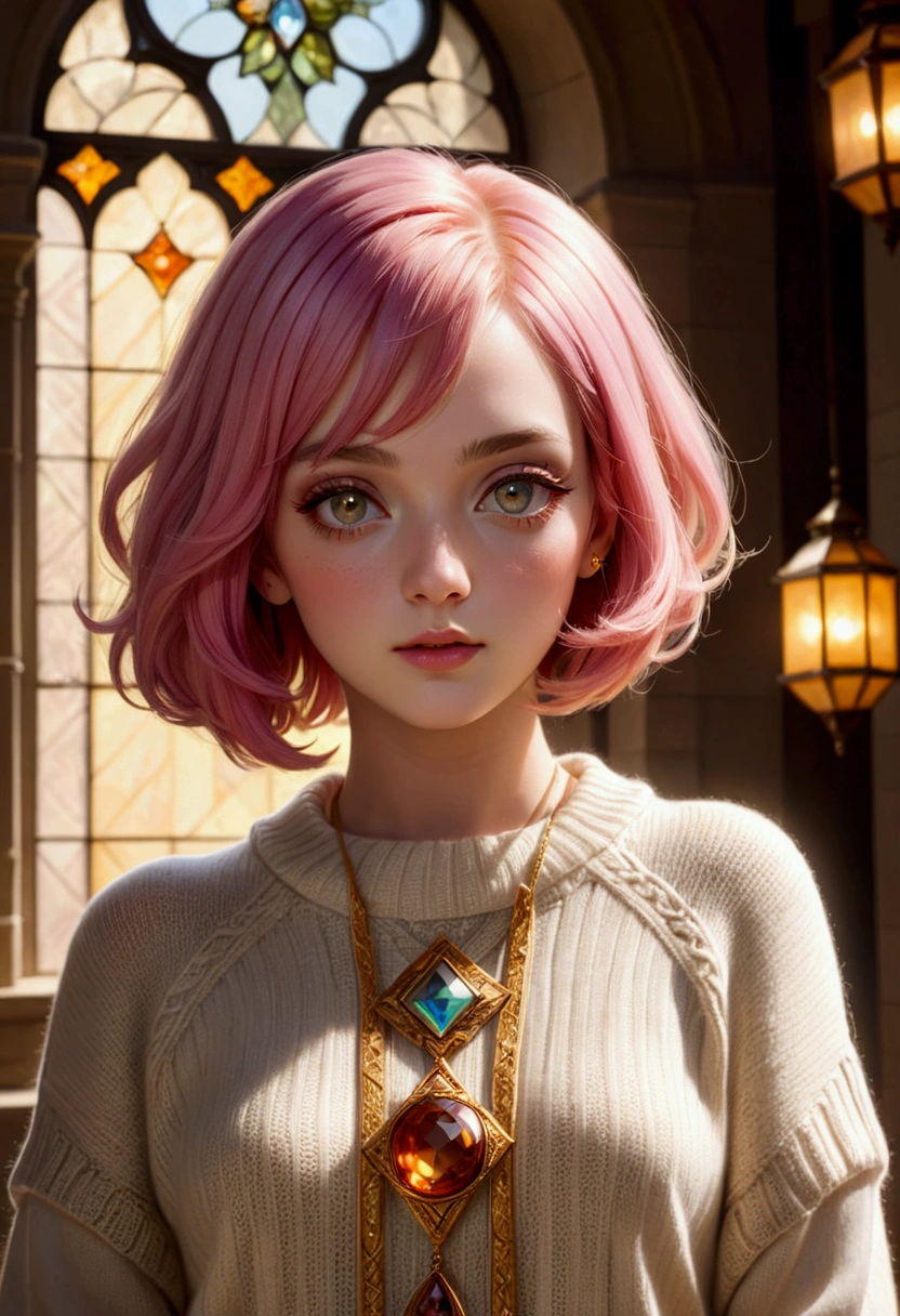 1 Girl, 1920s, Pink Hair, Detailed eyes and face, #100: Auburn Low Fade Hair, Amber eyes, portrait, Looking at the audience, Solitary, sweater, Short skirt, Half Shot, (Light fantasy theme:1.1), Focus, 阳Light, float, 神圣Lightring, Marble Castle, ring, badge, Depth of Field, Fashion, work, balance, , rhythm, color, Light, shadow, reflection, refraction, Tone, Compared, prospect, background, naturalistic, simile, masterpiece, best quality.