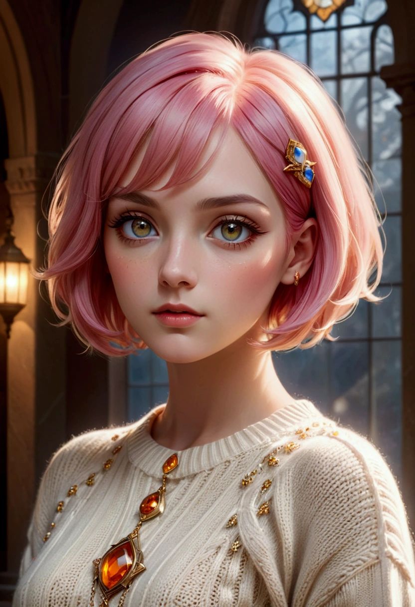 1 Girl, 1920s, Pink Hair, Detailed eyes and face, #100: Auburn Low Fade Hair, Amber eyes, portrait, Looking at the audience, Solitary, sweater, Short skirt, Half Shot, (Light fantasy theme:1.1), Focus, 阳Light, float, 神圣Lightring, Marble Castle, ring, badge, Depth of Field, Fashion, work, balance, , rhythm, color, Light, shadow, reflection, refraction, Tone, Compared, prospect, background, naturalistic, simile, masterpiece, best quality.