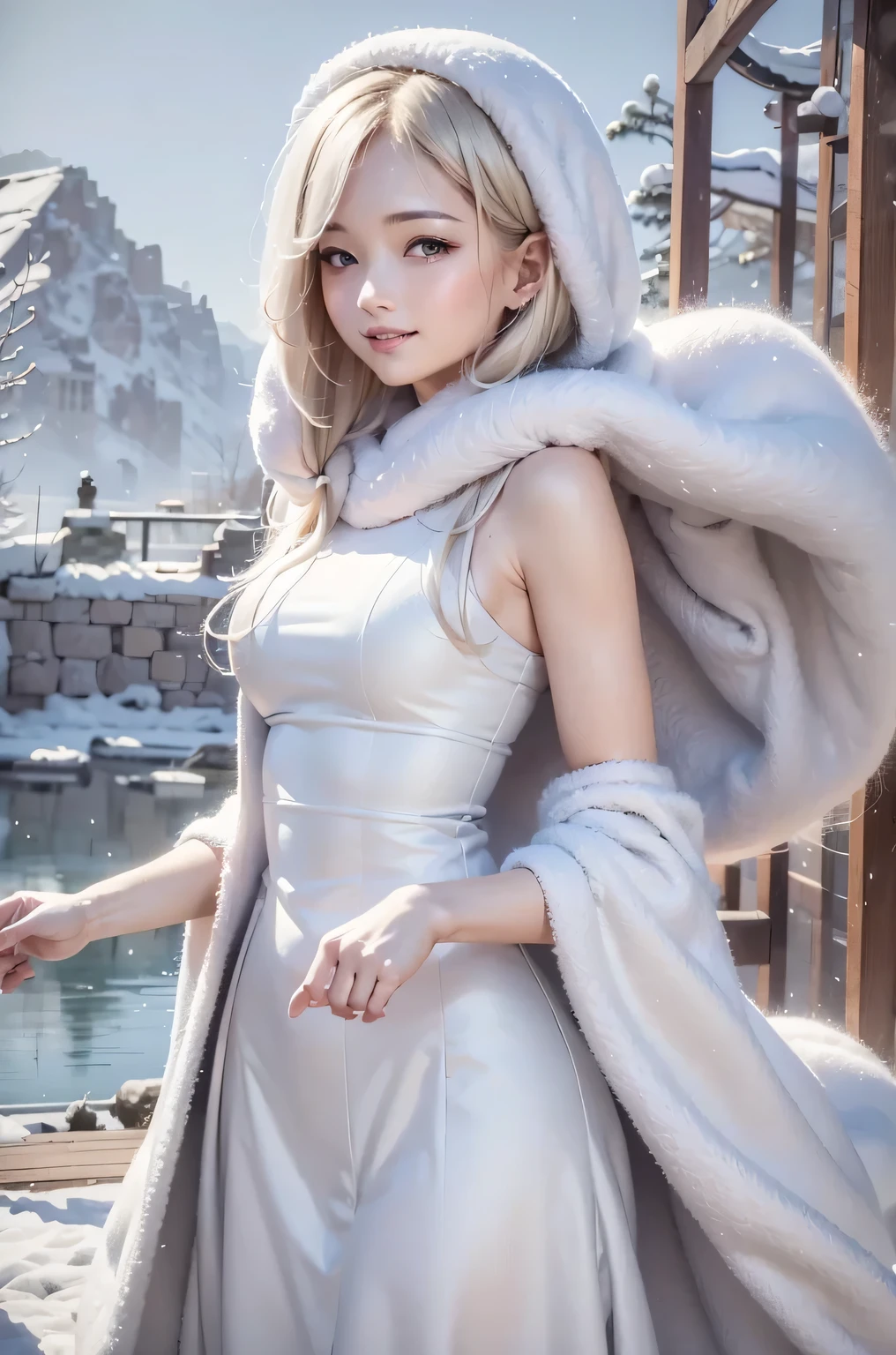 (Upper Body:1.5).masterpiece、Highest quality、1 girl, winter, platinum blonde hair, Cute girl, smile, close mouse, medium breasts, sideboob:1.2, white dress, winter clothes, long skirt, Fur coat、Small waist、Thin legs、outdoors, front of the lake, snow falling, Prayer Pose, join hands, from backside:1.5, face, style