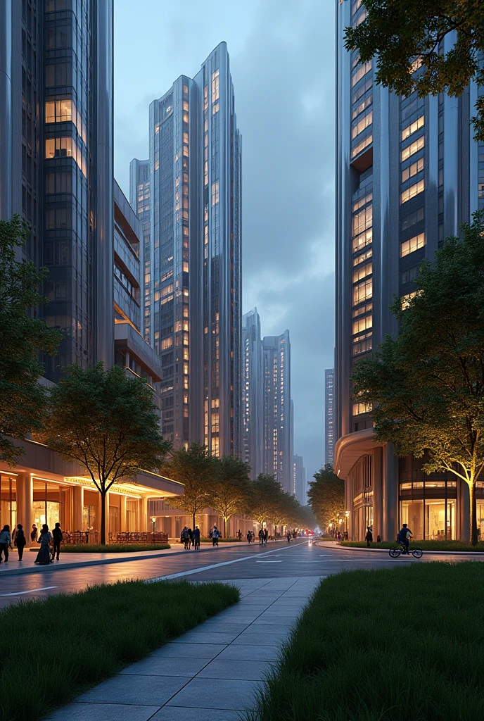 art deco design，urban buildings，streamline moderne，futuristic architecture, Abstraction，modern style，Luxury and Luxury，Future night view，Futuristic decorative elements，Metallic，number line，sci-fi lamp，Virtual Engine，Unreal rendering, neon lights, apartments, restaurants, mixed use, multiple buildings, trees, parks, greenery, grass, green field, pedestrians, people, bike lanes, bicycles 