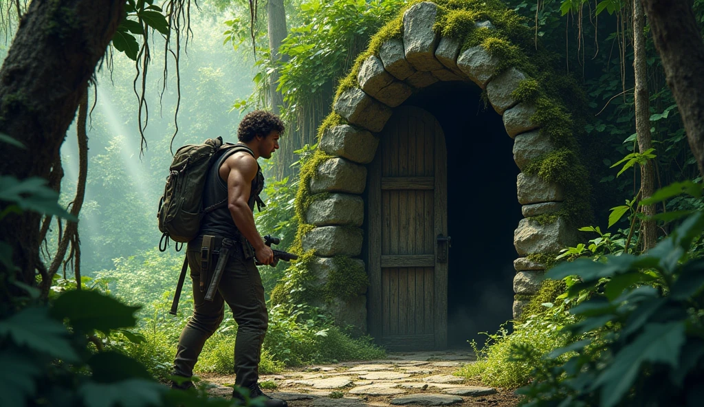 Prompt:
Max, determined, brushes aside thick vines to reveal a moss-covered stone doorway. His face is focused, and the ancient door looms ominously in the background.