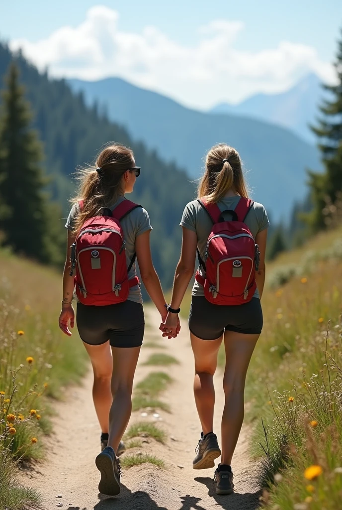 Crée une image de deux femmes en tenue de randonnée, avec un look sexy, en train de marcher sur un sentier de montagne. Elles doivent avoir un air amical et s’amuser ensemble. L’arrière-plan montre des paysages de montagne avec des arbres verts et un ciel dégagé.”