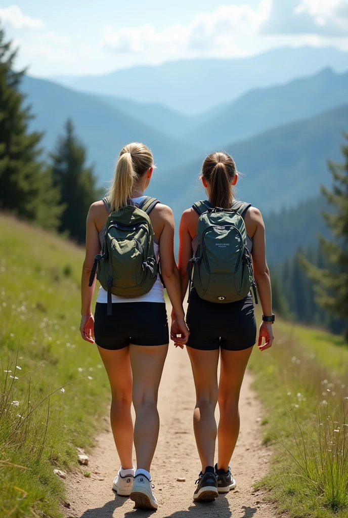 Crée une image de deux femmes en tenue de randonnée, avec un look sexy, en train de marcher sur un sentier de montagne. Elles doivent avoir un air amical et s’amuser ensemble. L’arrière-plan montre des paysages de montagne avec des arbres verts et un ciel dégagé.”