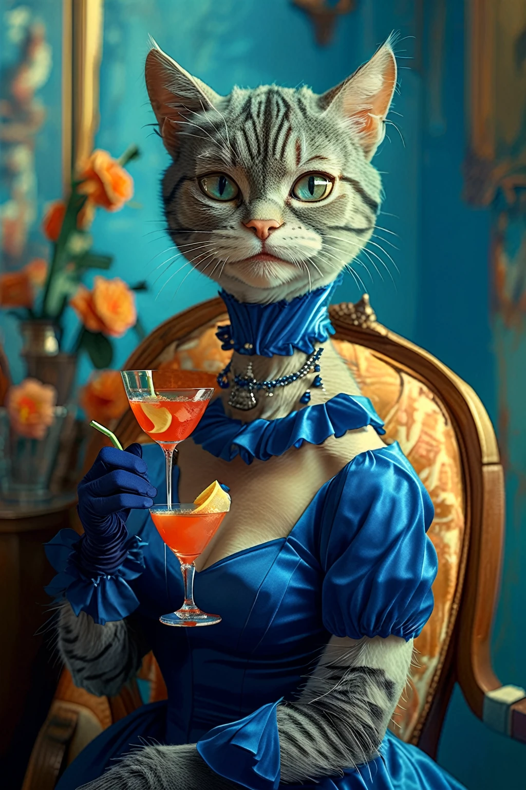 Human-like cat woman、Middle-aged anthropomorphic cat woman wearing a blue dress and holding a cocktail glass, with a drink, Emma Andievska, vesper lynd from casino royale,Lisa Nankibir, Attractive cat woman, inspired by Carlo Martini, Advertising Photography, Lovely cat, by Mathias Kollros, Are you having fun,