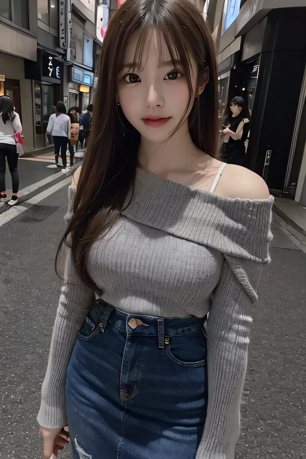 posing for photo in the street of Tokyo , wearing off shoulder grey knit top and jeans skirt, long wavy hair, posted on snapchat, photorealistic --ar 45:64