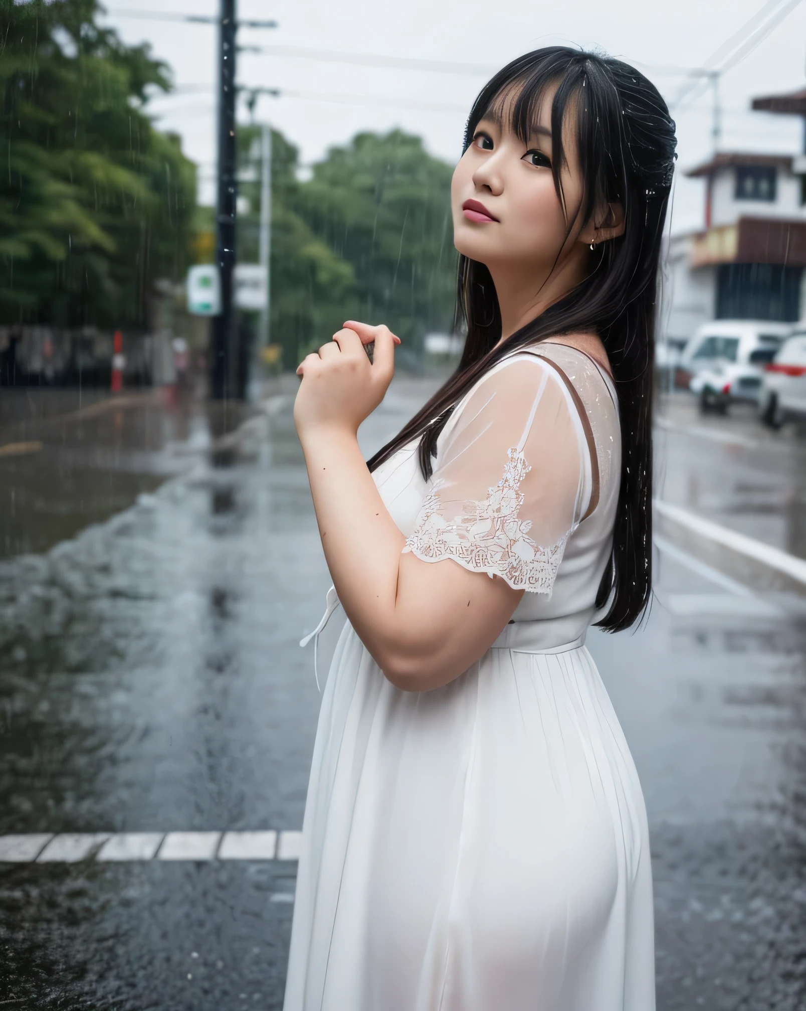 1 girl, long hair, black Hair, Overweight, Very fat, ((Chubby)), ((See-through white casual dress)), Japanese, it's raining, ((8k)), highest quality, (High resolution)