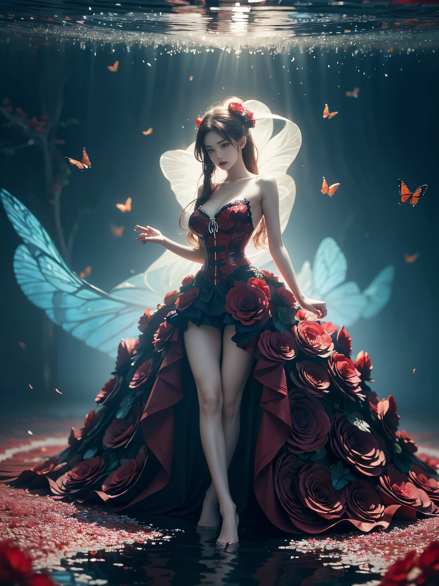 wrenchrosettebloom, Beautiful dance dynamics, Long legs , pool, 在pool里玩水, Water play,play, ((Flowing long hair))Official Art , Unity8k Wallpaper , Extremely detailed , Visible cleavage, Pretty and beautiful , Sexy long legs, masterpiece , best quality ,Practical, Very detailed illustrations ,Extremely detailed , Intricate details , Extremely complex and detailed , Very detailed 8KCG wallpaper , Caustics .reflection , Ray Tracing , Devil Theme ,nebula ,Dark aura, Network Effects , (1 Girl)Solitary , 小蓝Butterfly , Dozens of monarch butterflies around , (Blue plasma flame , (insect , Butterfly)) 圣光Butterfly天使 , Butterfly翅膀 , Pastel tones in Rococo style ,Light white and light dark red , Incredibly beautiful , Cherry blossoms , Surrealism ,painting , Ethereal , Mixing reality and fantasy elements ,Ray Tracing , Complex patterns , Delicate lines , Perfect your hands, Starry Sky , rich and colorful , Star