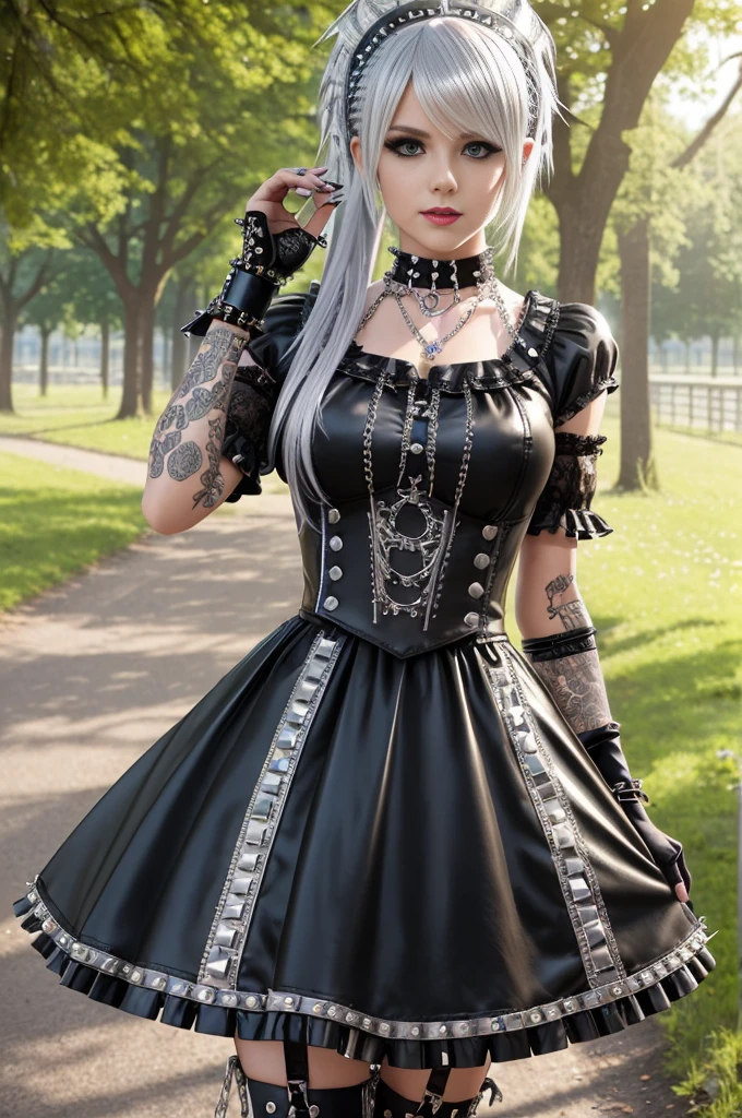 sexy stylish German model, only 1 female, long multicolor stylish hair, ((shiny Punk-Style boots)), smile, professional makeup, glossy lip-gloss, ((sexy Punk Lolita cosplay)), unconventional skirt, petticoats, high neckline, ((ultra detailed lace)), ((ultra detailed embroidery)), intricate details, tartan patterns, ((silver chains)), ((silver spikes)), ((safety pins)), Punk Lolita accessoires, Punk Lolita choker, ((large sparkling Punk Lolita jewelry)), cinematic light, detailed large park background with trees