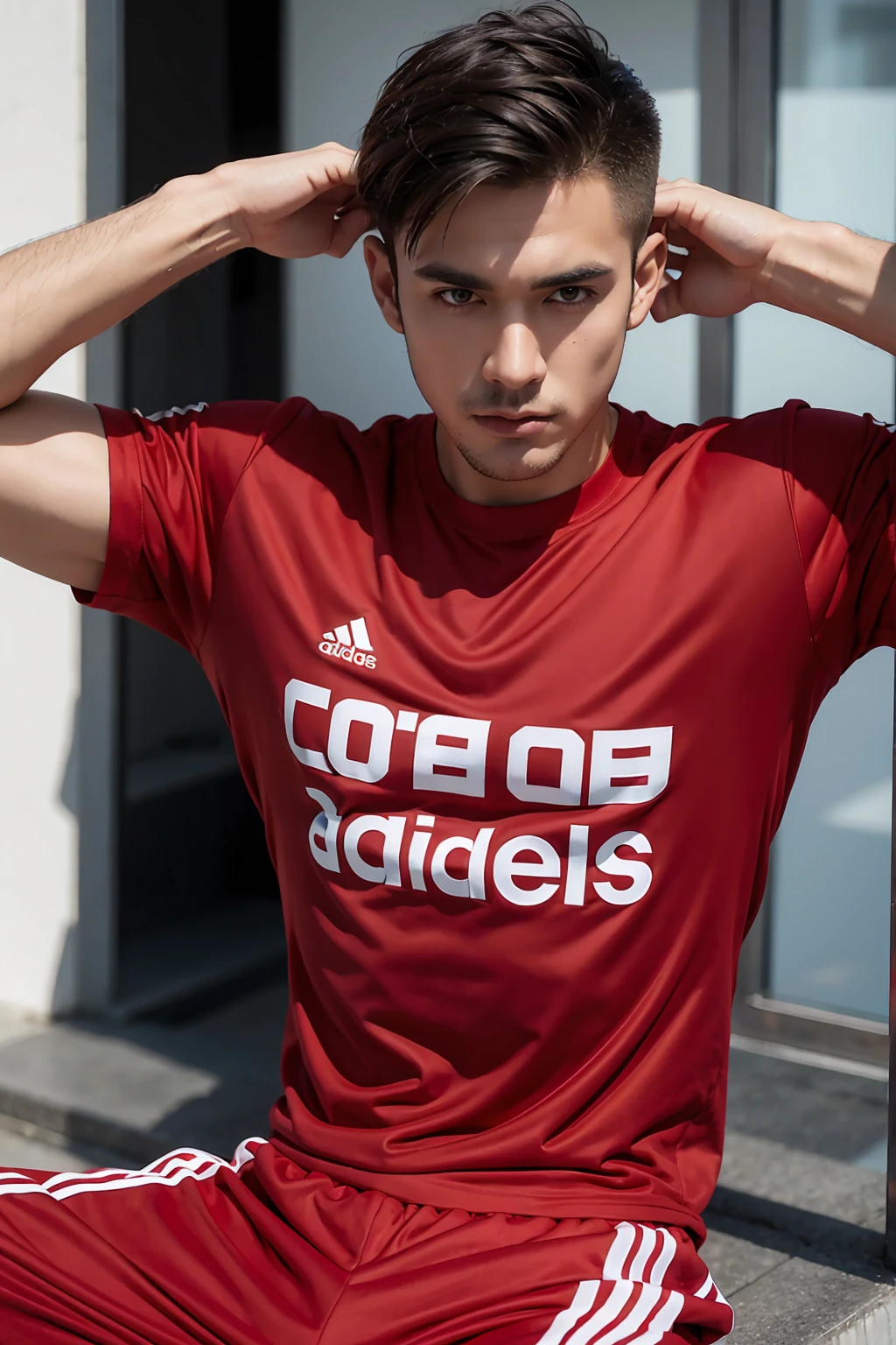 Muscle boy, adidas red t shirt 