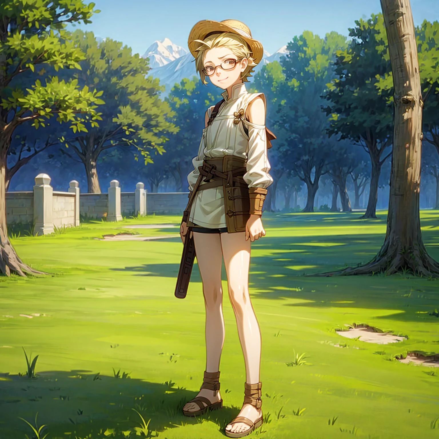 Solo character, full body version, kid girl, brown eyes, blonde color hair, short bob hair, casual clothing, bare shoulder clothing, sandals, outdoor, town, medieval, morning, standing gesture, detailed background, detailed clothing, detailed hair, happy eyes, (food wars style art), straw hat, glasses 