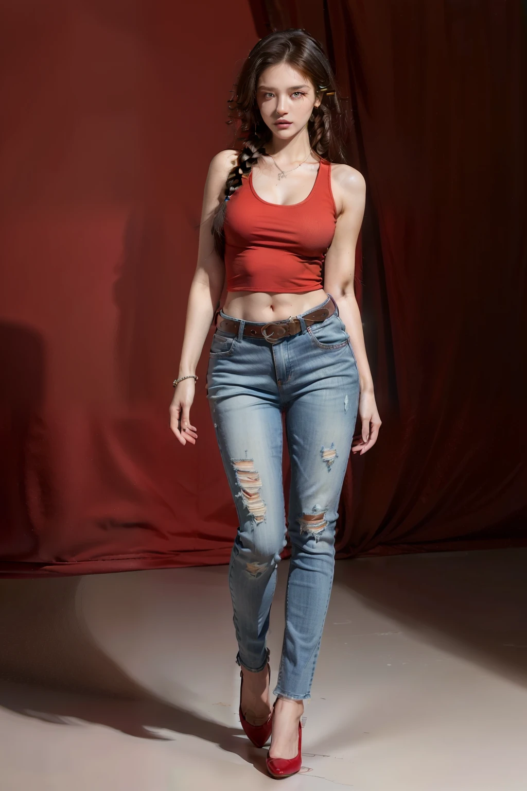 (RAW shooting, Photoreal:1.5, 8k, highest quality, masterpiece, ultra high resolution), perfect dynamic composition:1.2, Highly detailed skin and facial textures:1.2,beautiful and aesthetic:1.2, sexy beauty, perfect style, belief, Strong-willed, revenge, Fair skin, very beautiful face, (large breast:1.8, Chest gap:1.8), (beautiful eyes)(1girl, tall, long legs, navel:1.2, makeup:1.2, single braid, thicc tight:1.4, red color tank top,sleeveless,belt:2,red color jeans:2,plunging neckline:2),(simple background:1),(knees together),(full body photo:2),