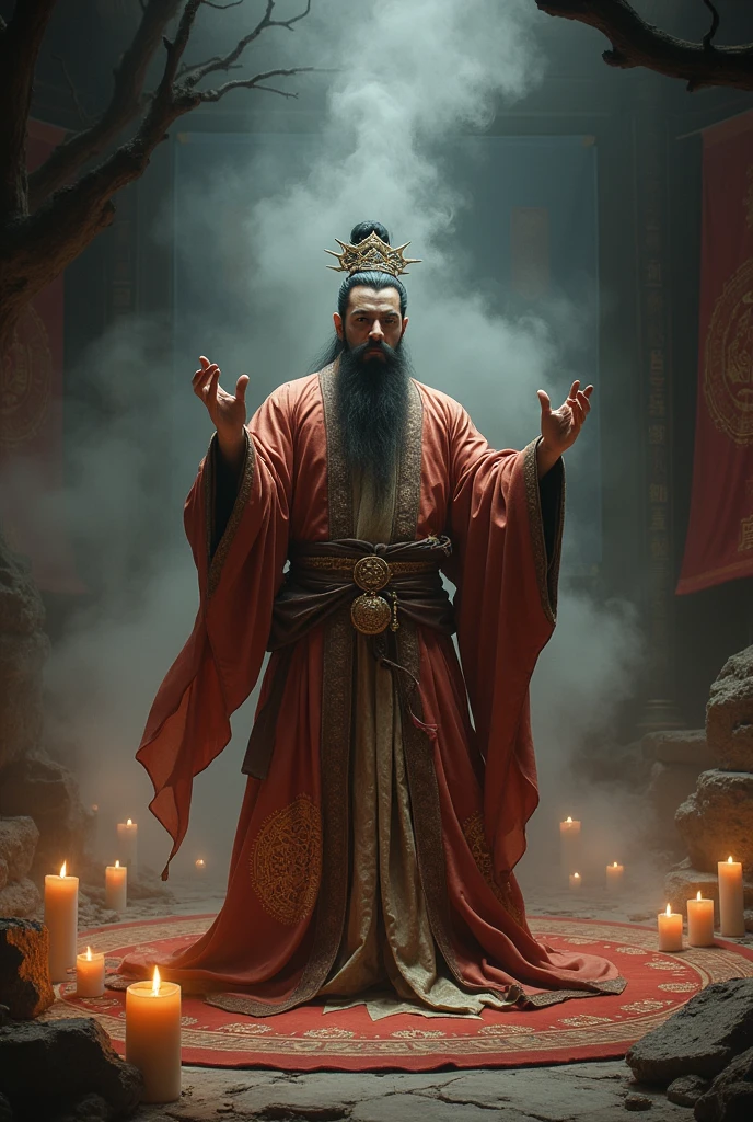 A male character in ancient Chinese costume is performing magic to exorcise demons.