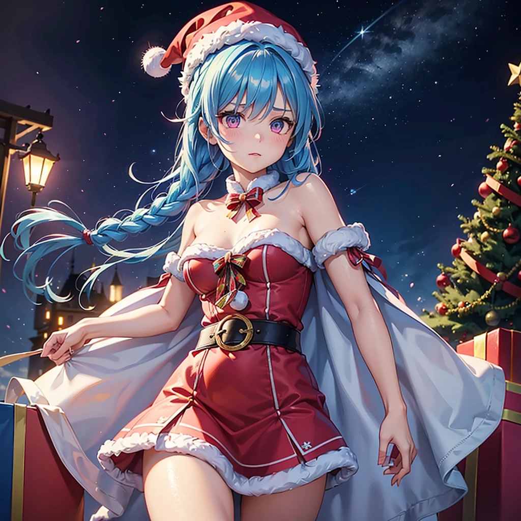 (Sky blue hair),(Braided Hair), (Pink Eyes),Fair skin) ,(whole body),(One Girl),(Gift boxes filling the background),(Santa Claus clothes),Santa Claus hat,(Christmas Party),(masterpiece, Highest quality, Very detailed, Best Shadow), (Detailed Background), (Beautifully detailed face), High Contrast, (Best lighting, Very delicate and beautiful), ((Cinematic Light)), Hyper Detail,8k, Dramatic Light, Intricate details,night,The background is a Western-style castle